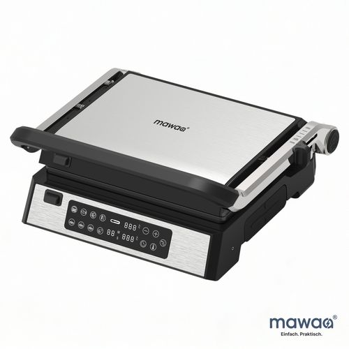 mawaa Digital Contact Grill MCG-12622-SB | 1.800–2.200 W | 180° Opening angle | 29 × 25.8 cm BBQ area | 8 Automatic programs | Integrated timer | Anti-stick coating | Detachable BBQ plates & fat collection tray | Silver/black | DE Warehouse