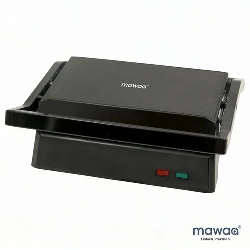 mawaa Kontaktgrill MCG-12610-BK | 1.000 W | 180° Öffnungswinkel | 22,8 × 14,5 cm Grillfläche | Antihaftbeschichtung | Temperaturregelung bis 220 °C | Beidseitiges Grillen | Fettauffangschale | Schwarz | DE Lager